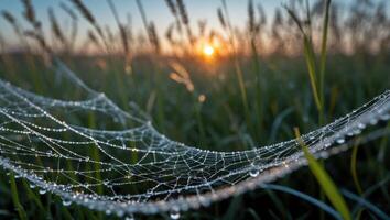 A spider web with dew on it in front of a field photo