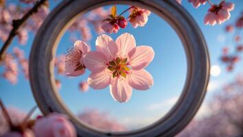 Blooming Flower Through Circle Frame Against Blue Sky photo