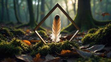 Feather Standing in Frame on Mossy Forest Floor photo