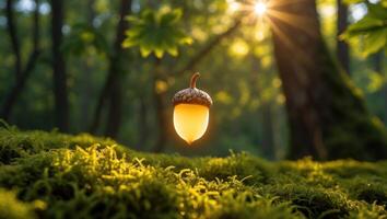 Acorn Glowing in Forest Sunlight on Mossy Ground photo