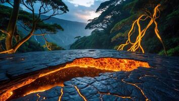 Glowing Lava Flowing in Cracked Ground with Forest View photo