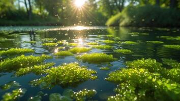 Green Algae Floating on Water Surface in Sunlight photo