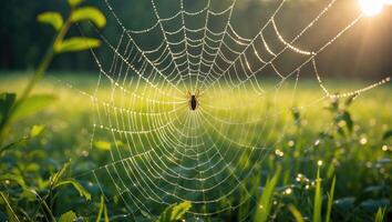 Spider Sitting on Dew Covered Web in Meadow photo