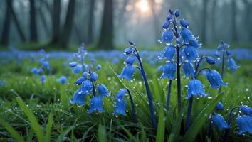 Blooming Bluebells in Forest with Morning Dew photo