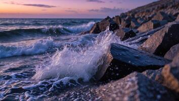 Waves Crashing on Rocks at Dusk Ocean Landscape photo