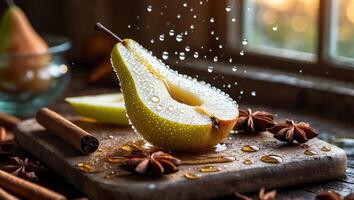 Sliced Pear with Spices and Water Droplets photo