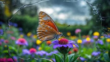 Butterfly Feeding on Flower in Meadow with Watery Effect photo