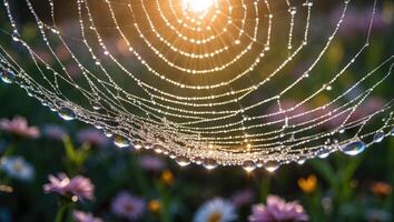 Spiderweb with Dew Drops Shimmering in Sunlight photo