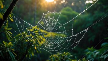 Spiderweb with Dew in Sunlight Forest Setting photo