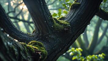 Tree Branch with Moss and Water Droplets in Forest photo