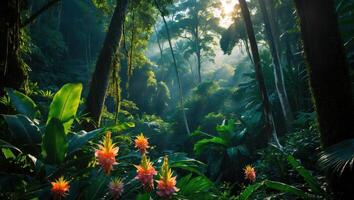 Lush Jungle Scene with Exotic Flowers and Sunlight photo