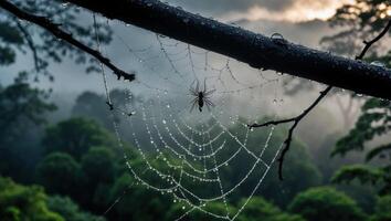 Spider on Web with Dew Drops in Forest Setting photo