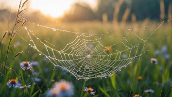 A spider web in a field with dew on it photo