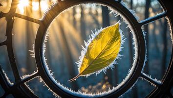 Frosty Window with Leaf and Sunlight in Winter photo