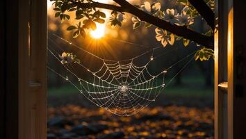 Spiderweb with Dew Drops at Golden Hour Seen Through Window photo