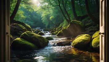 Flowing Stream Through Forest Viewed From Open Door photo