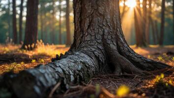 Tree Trunk in Forest with Sunlight Shining Through the Trees photo