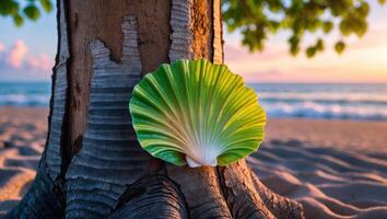 Seashell on Tree Trunk at Beach During Sunset Tropical Scene photo