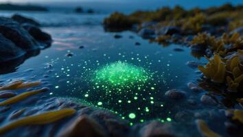 Glowing Water Pool at Shore with Algae and Rocks at Dusk photo