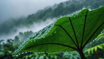 Rain Drops on a Green Leaf in Nature Setting photo
