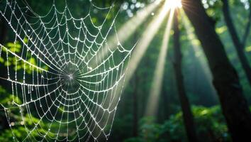 Spiderweb Covered in Dew with Forest and Sunbeams photo