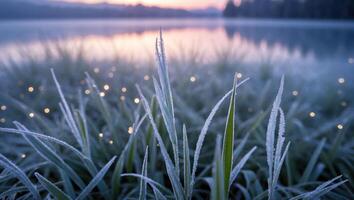 Frosty Grass Near Calm Lake at Sunrise photo