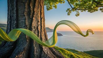 Tree Trunk and Green Ribbon with Seascape View at Sunset photo