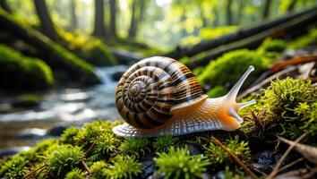 Snail Crawling on Moss in Forest by Stream photo