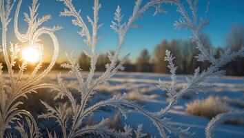 Frost Pattern on Window with Winter Landscape at Sunrise photo