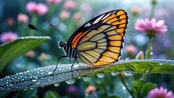Butterfly Resting on Leaf with Water Droplets in Garden photo