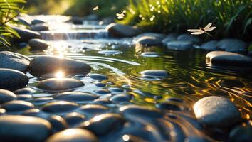 Dragonfly Flying Above Rock Stream Water with Sunlight photo