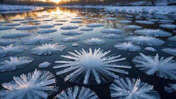 Ice Flowers Floating on River at Sunrise in Winter photo