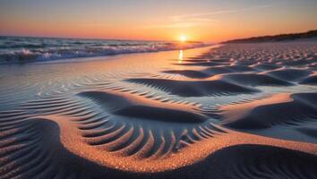 Sunset at Beach with Sand Patterns and Gentle Waves photo