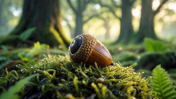 Acorn Resting on Moss in Forest Setting Close-up photo