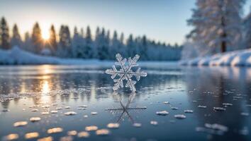 Snowflake on Frozen Lake at Sunrise Winter Scene photo