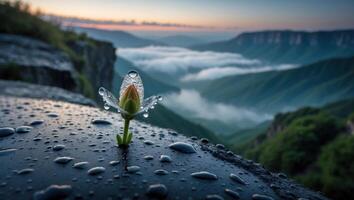 Flower Sprout on Cliff at Dusk Overlooking Misty Mountains photo