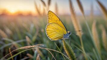 Yellow Butterfly Resting on Grass at Sunset photo