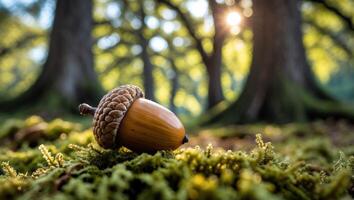 Acorn Resting on Moss in Sunlit Forest photo