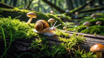 Snail Crawling on Mossy Log with Mushrooms in Forest photo