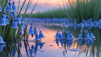 Bluebell Flowers Reflecting in Water at Sunset photo