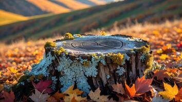 Tree Stump Covered with Moss in an Autumn Landscape photo