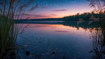 Still Lake Reflection at Dusk with Reeds and Stars photo