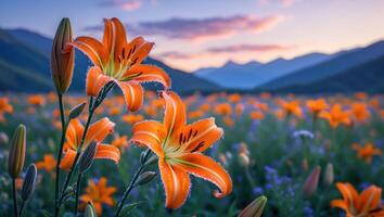 Blooming Orange Lilies in Field at Dusk Mountain View photo