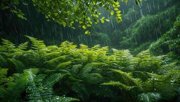 Rain Falling on Green Ferns in a Lush Forest photo