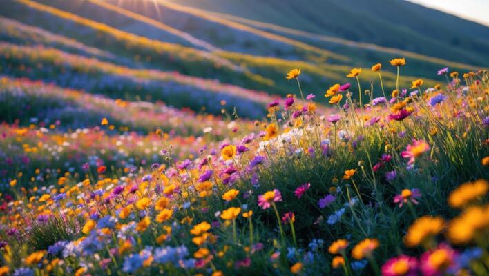 Wildflower Meadow at Sunrise with Rolling Hills and Warm