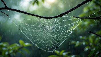 Spiderweb in Rain with Water Droplets and Tree Branches photo