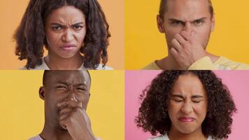 Four individuals express different emotions against vibrant backgrounds. Each person showcases unique gestures, highlighting the diversity and richness of human feelings in this striking collection. video