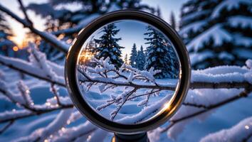 Winter Trees Reflected in Lens at Sunset Snowy Scene photo