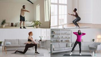 Four diverse people participate in various fitness exercises at home, emphasizing workout routines, healthy lifestyles, and a commitment to wellness in a bright, comfortable space. video