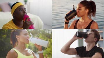 A collection of active individuals enjoying hydration while engaging in fitness routines. They showcase diversity, emphasizing a healthy lifestyle and athleticism. video